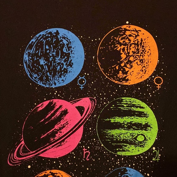 Neon Outer Space Planet Stars Glow Blacklight Graphic T Shirt - Picture 2 of 5